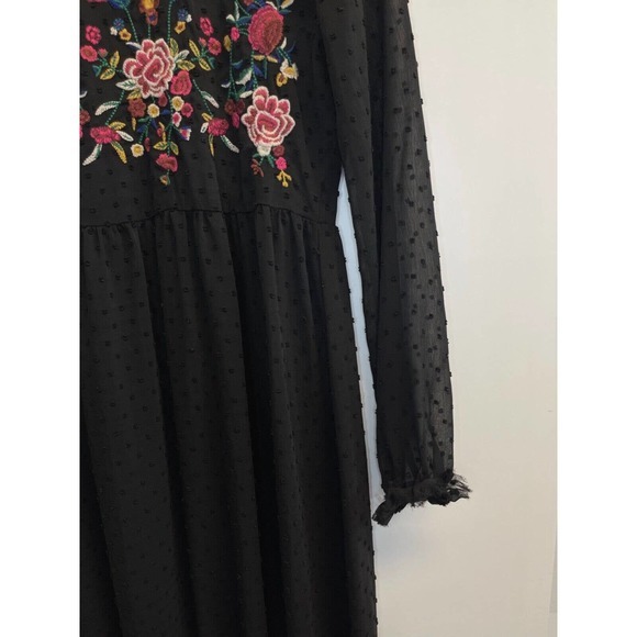 Braeve Women’s XS Embroidered Sheer Swiss dot Midi Dress Black Floral Ruffle - Picture 3 of 6